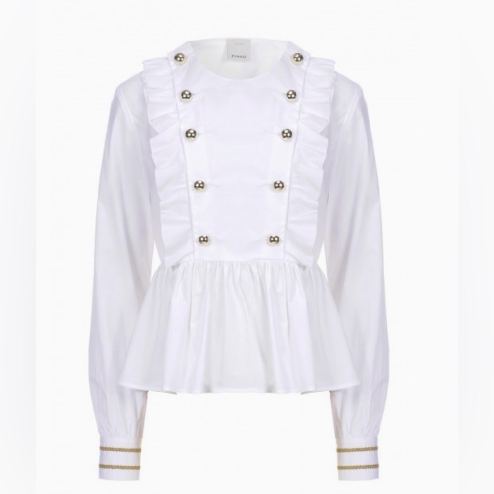🆕 [Pinko] White Cotton Ruffle Peplum Gold Button Blouse IT 40 S Made in Italy - Picture 10 of 13